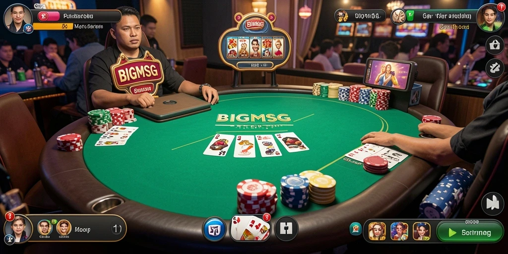 Tangkapan layar utama BIGMSG menampilkan aksi seru permainan poker.