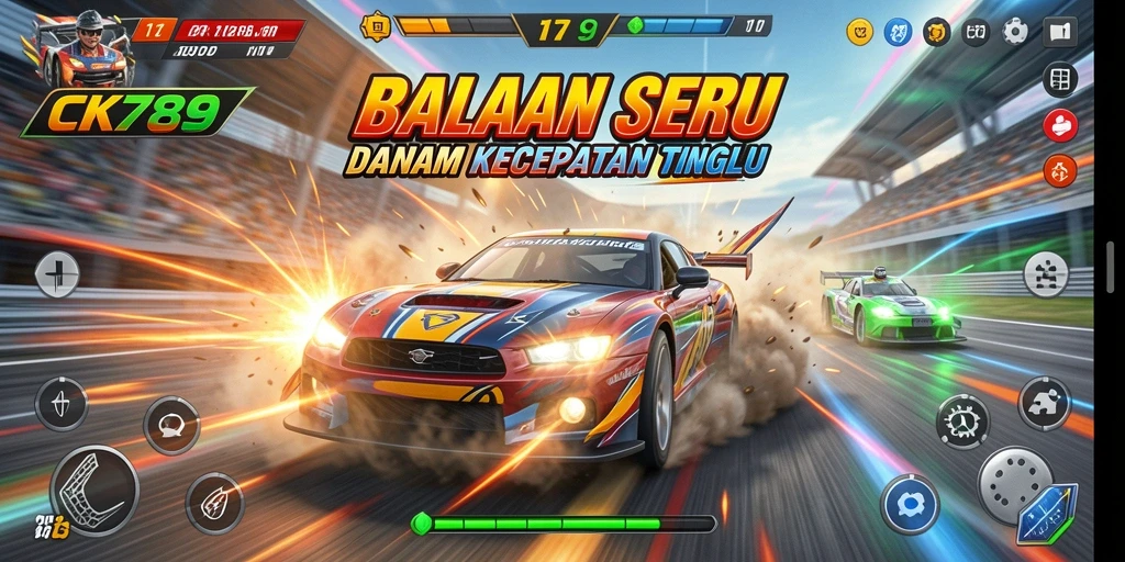 Gameplay CK789 menampilkan balapan yang seru dan mobil yang bertenaga.