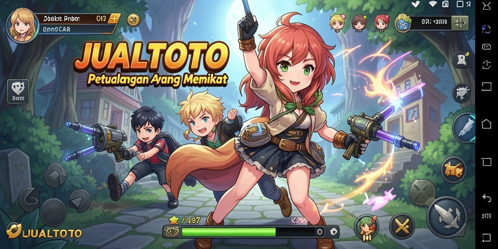 Tangkapan layar gameplay JUALTOTO yang menampilkan karakter anime yang dinamis.