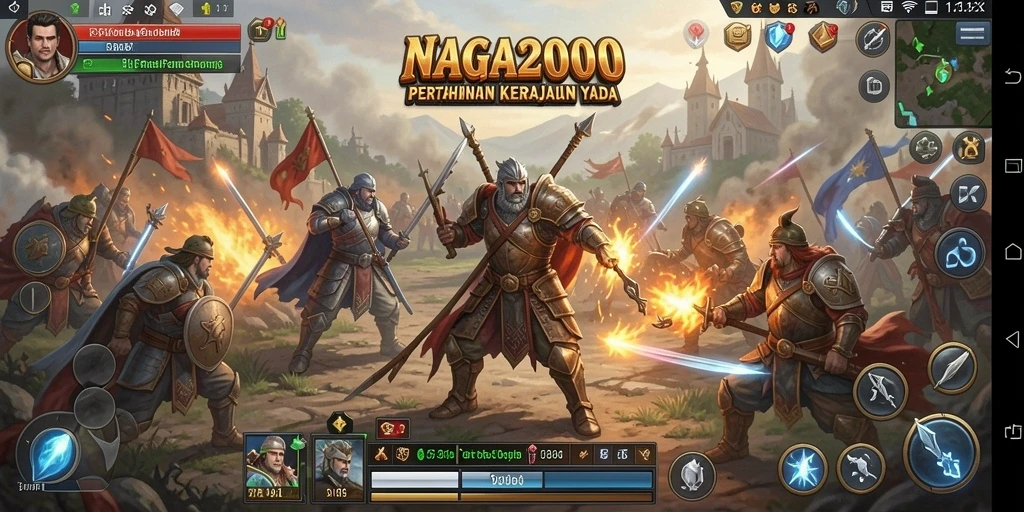 Screenshot gameplay NAGA2000 menunjukkan strategi pertahanan dengan menara yang beragam.