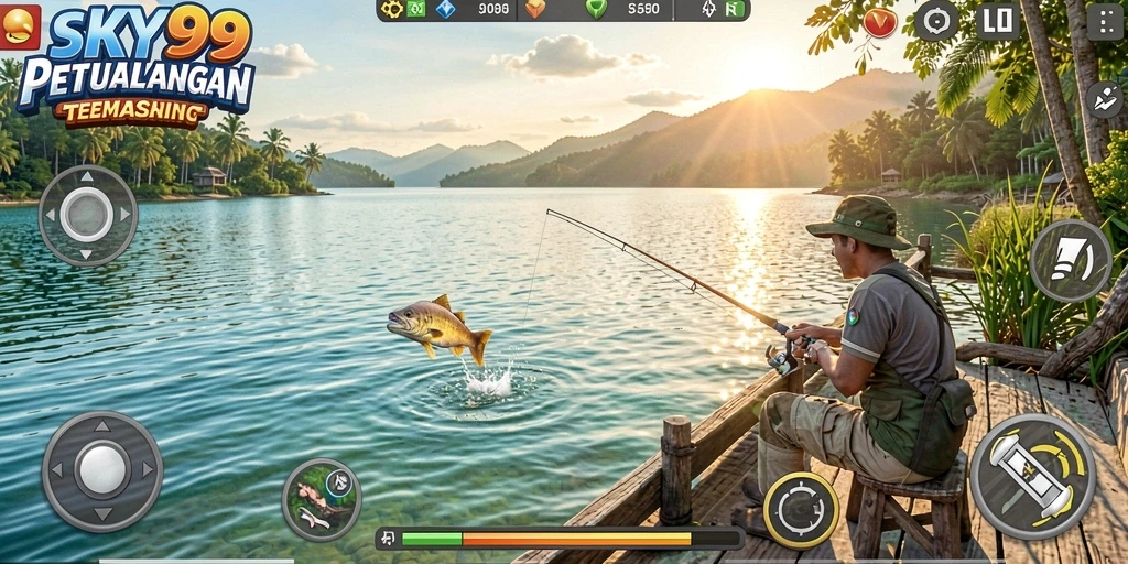 Screenshot SKY99 menampilkan gameplay seru saat memancing ikan besar.