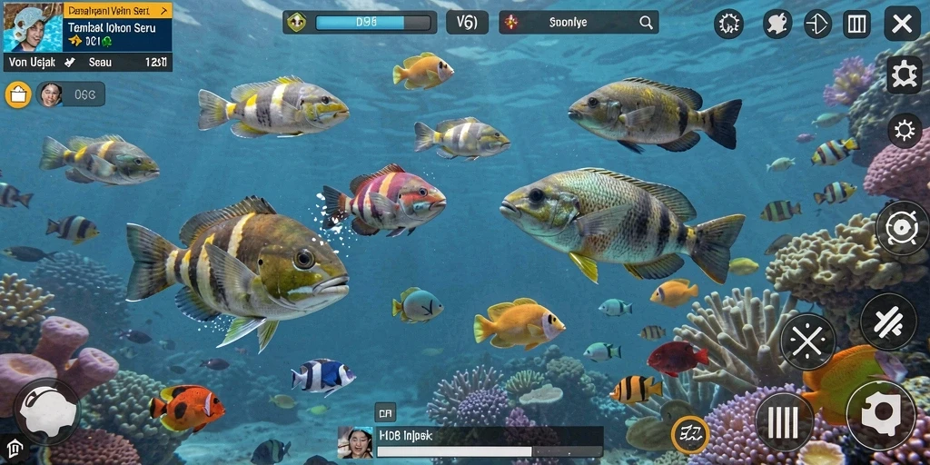 Gameplay V98 menampilkan aksi menembak ikan yang seru dan menantang.